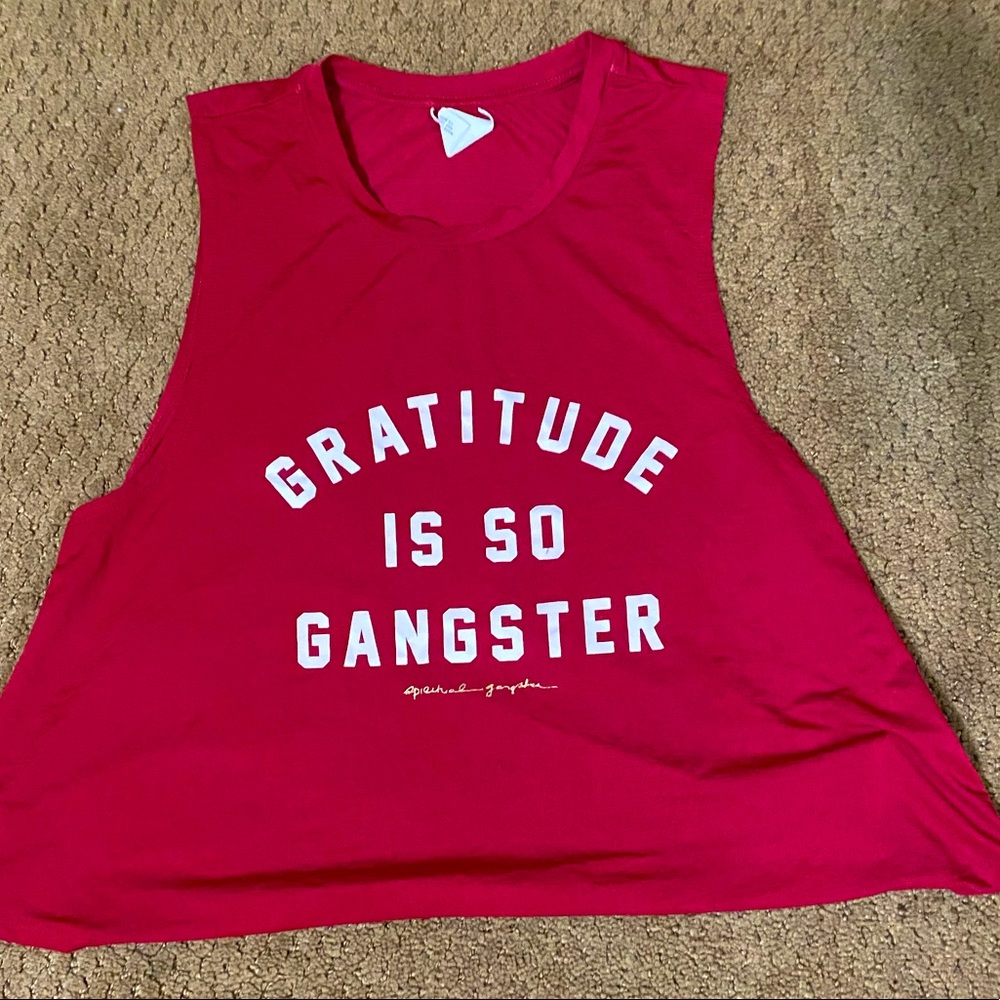 Spiritual gangster womens size small red muscle tee with print detail.